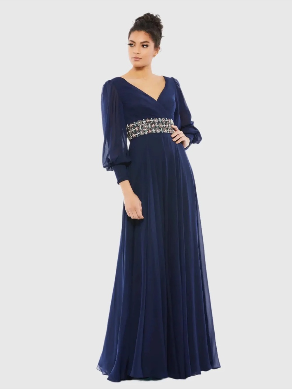 Mac Duggal Navy Beaded Empire Waist Maxi Gown